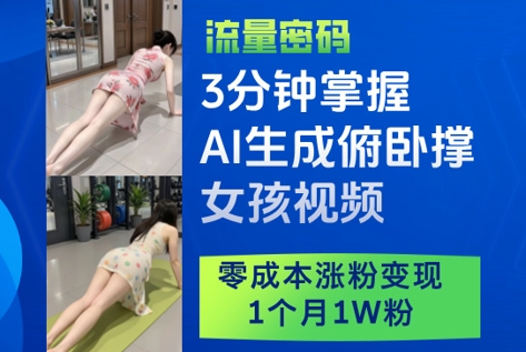 3分钟掌握AI生成俯卧撑女孩视频，零成本涨粉变现，1个月1W粉-4158创业网