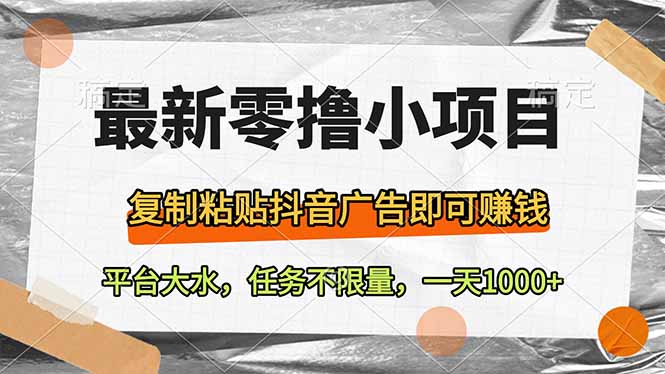 最新零撸小项目，复制粘贴抖音广告即可赚钱，平台大水，任务不限量，一…-4158创业网