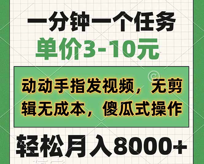 一分钟一个任务，单价3-10元，动动手指发视频，无剪辑无成本，傻瓜式操…-4158创业网