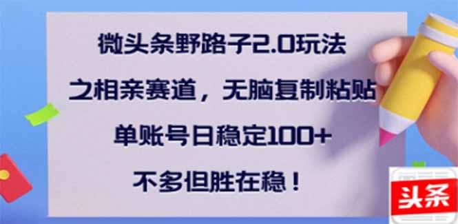 微头条野路子2.0玩法之相亲赛道，无脑搬砖复制粘贴，单账号日稳定300+…-4158创业网