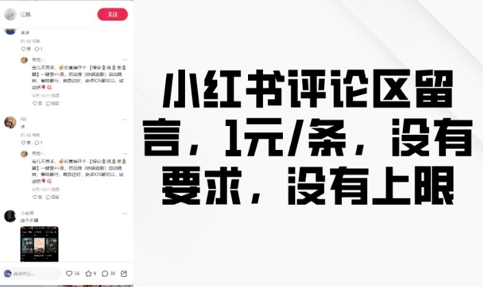 小红书评论区留言，1元条，没有要求，没有上限-4158创业网
