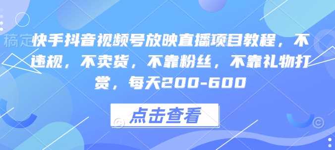 快手抖音视频号放映直播项目教程，不违规，不卖货，不靠粉丝，不靠礼物打赏，每天200-600-4158创业网