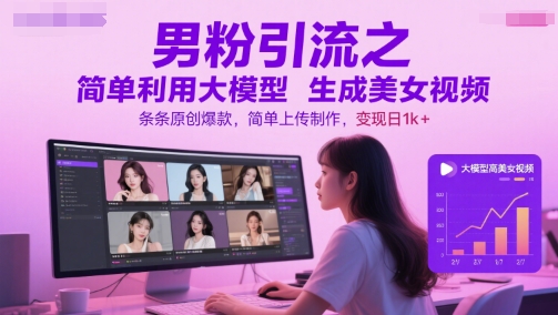 男粉引流之简单利用大模型生成美女视频，条条原创爆款，简单上传制作，变现日1k+-4158创业网