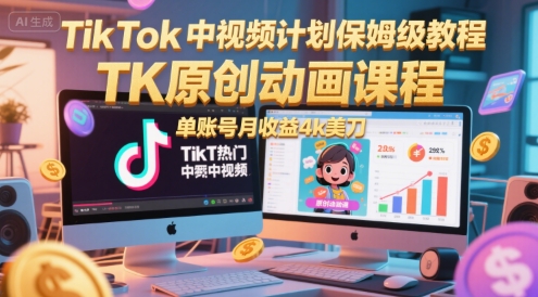 TikTok中视频计划保姆级教程，TK原创动画课程，单账号月收益4k美刀-4158创业网