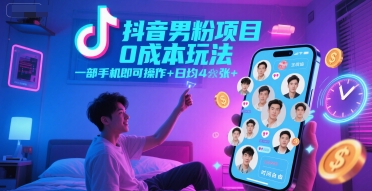 抖音男粉项目0成本玩法，一部手机即可操作，日均4张+，时间自由-4158创业网