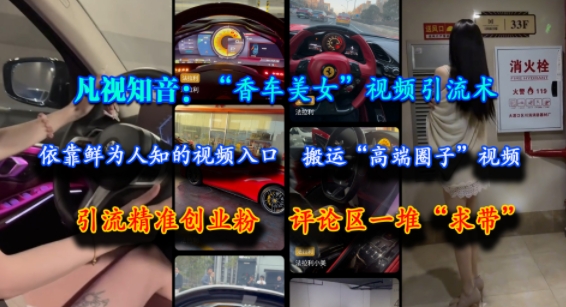 凡视知音：“香车美女”视频引流术，依靠鲜为人知的视频入口，搬运“高端圈子”视频，引流精准创业粉，评论区一堆“求带”-4158创业网